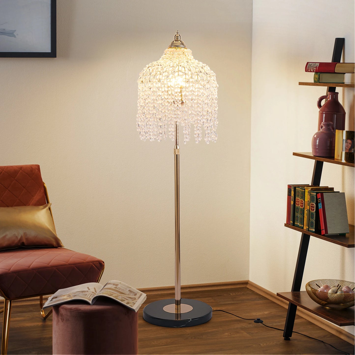 3-Light Elegant Crystal Floor Lamp Vintage Waterfall Design with Crystal Bead Strings