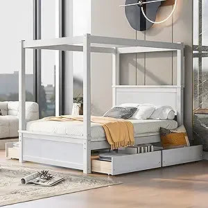 Queen Size, Canopy Platform Bed with Headboard and Metal Frame