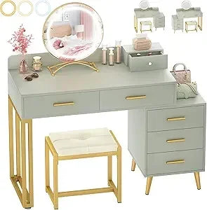 Vanity Desk with Mirror, Light  Set, 6 Drawers Cushioned Stool