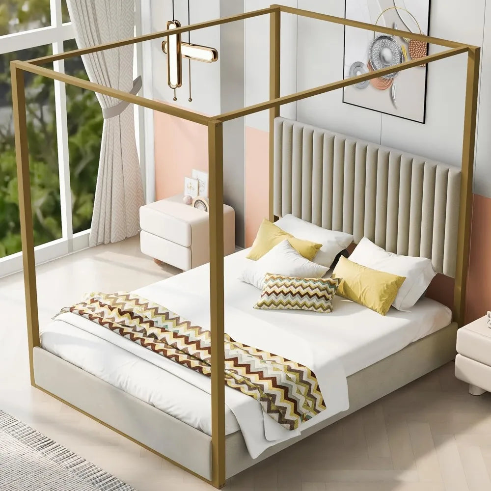 Queen Size, Canopy Platform Bed with Headboard and Metal Frame