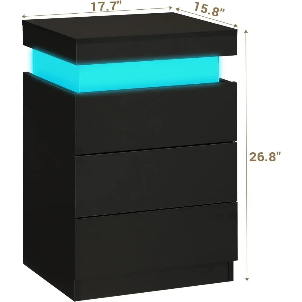 Nightstand w/Charging Station and LED, Stand with Sliding Top, Table with drawers