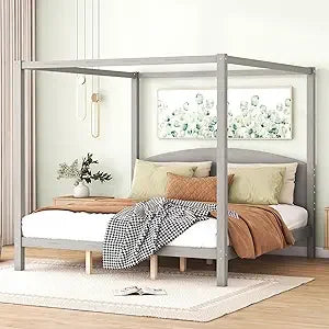 Queen Size, Canopy Platform Bed with Headboard and Metal Frame
