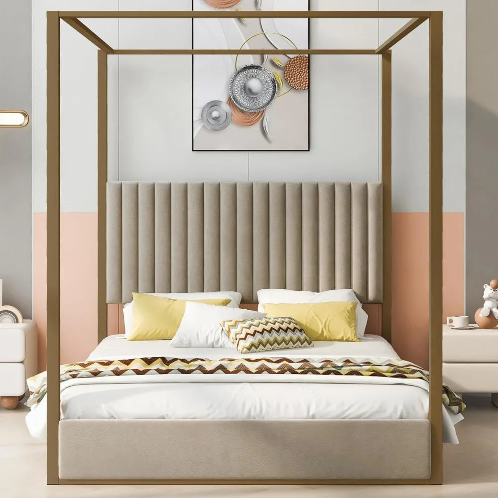 Queen Size, Canopy Platform Bed with Headboard and Metal Frame