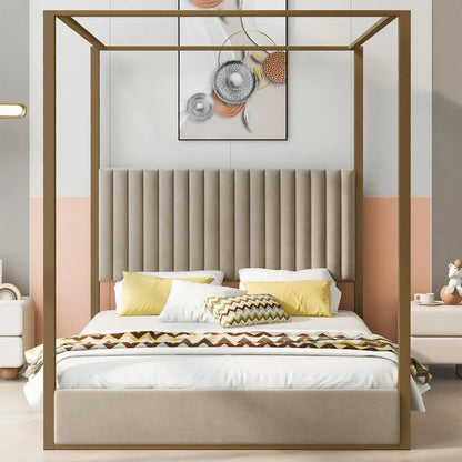 Queen Size, Canopy Platform Bed with Headboard and Metal Frame