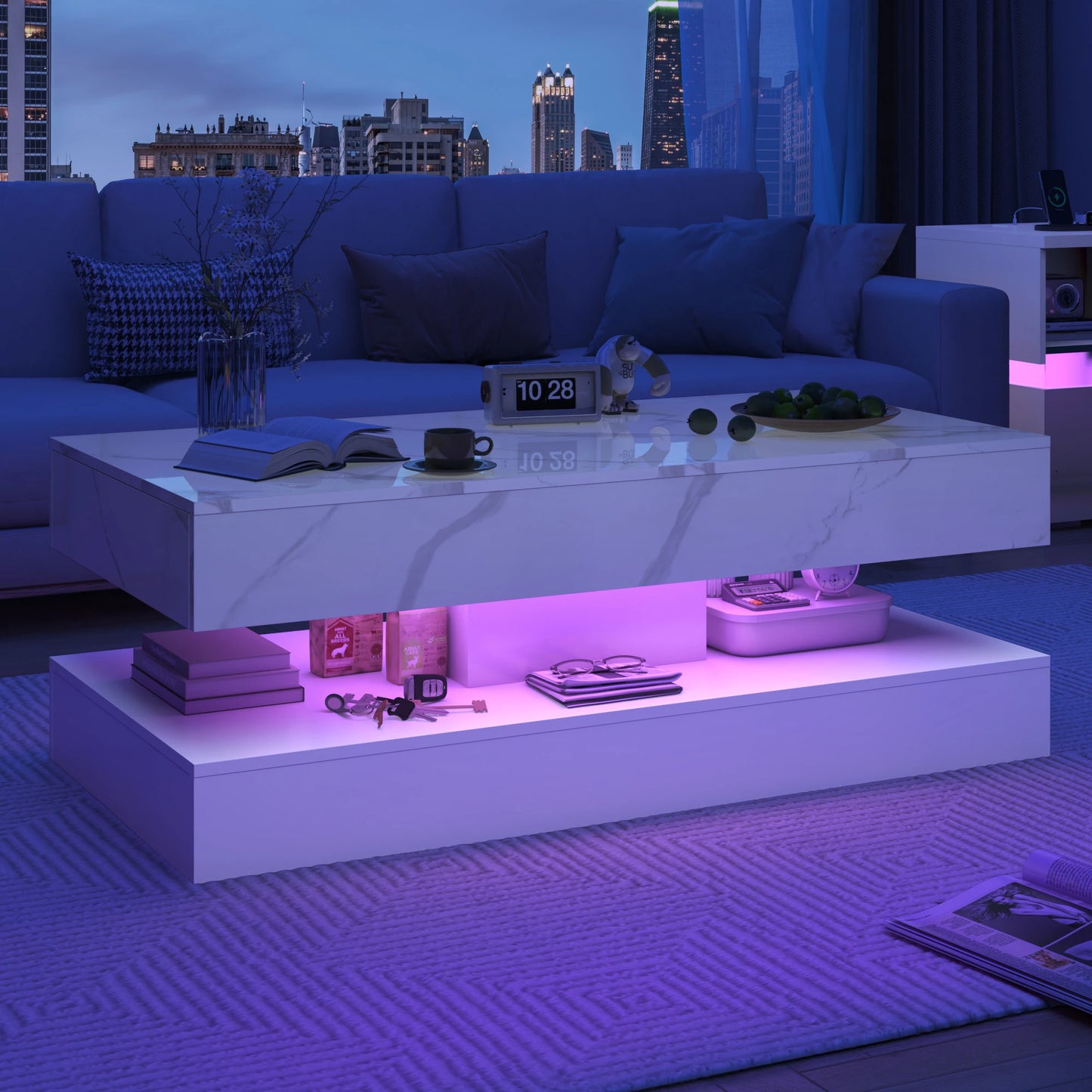 Modern Stylish Coffee Table with LED lights, Double-Layer Design with  Drawers