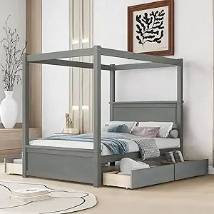 Queen Size, Canopy Platform Bed with Headboard and Metal Frame