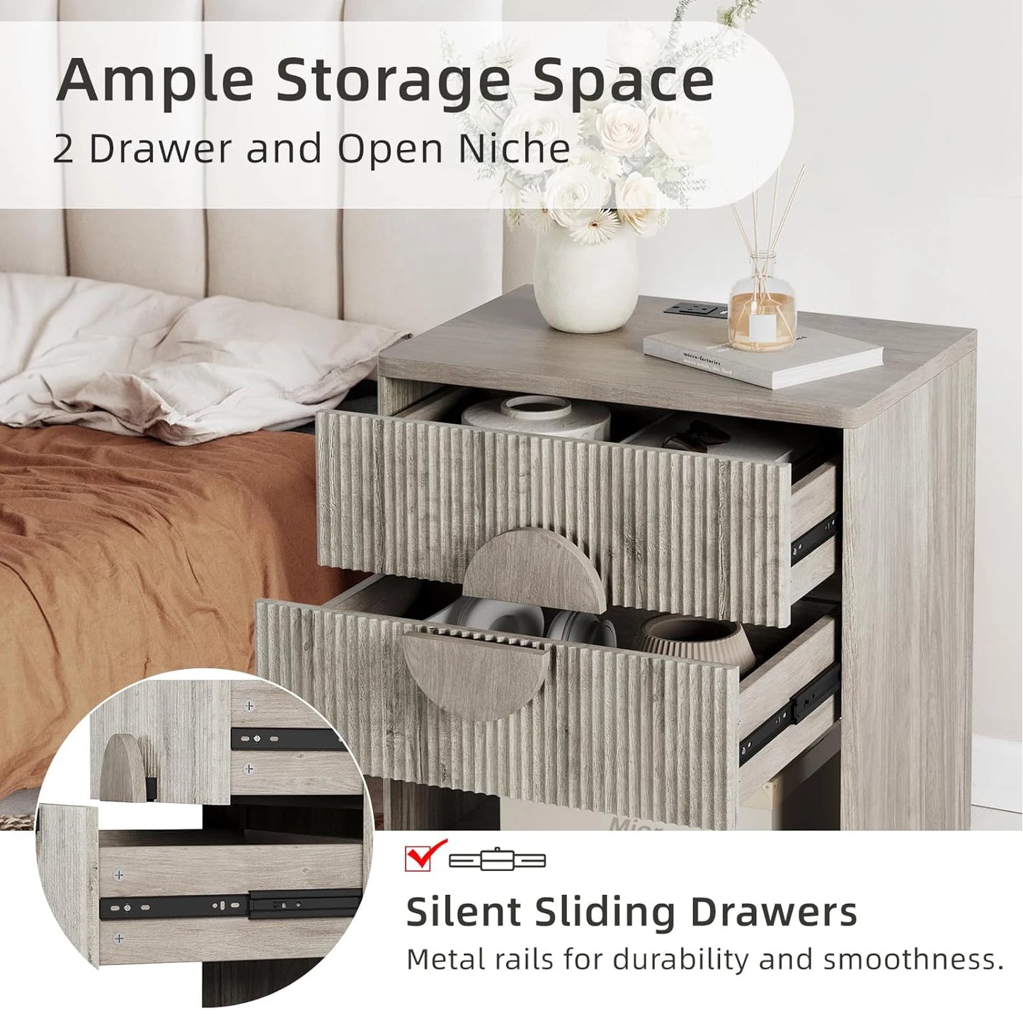 1PC Large Fluted Nightstand with Drawers