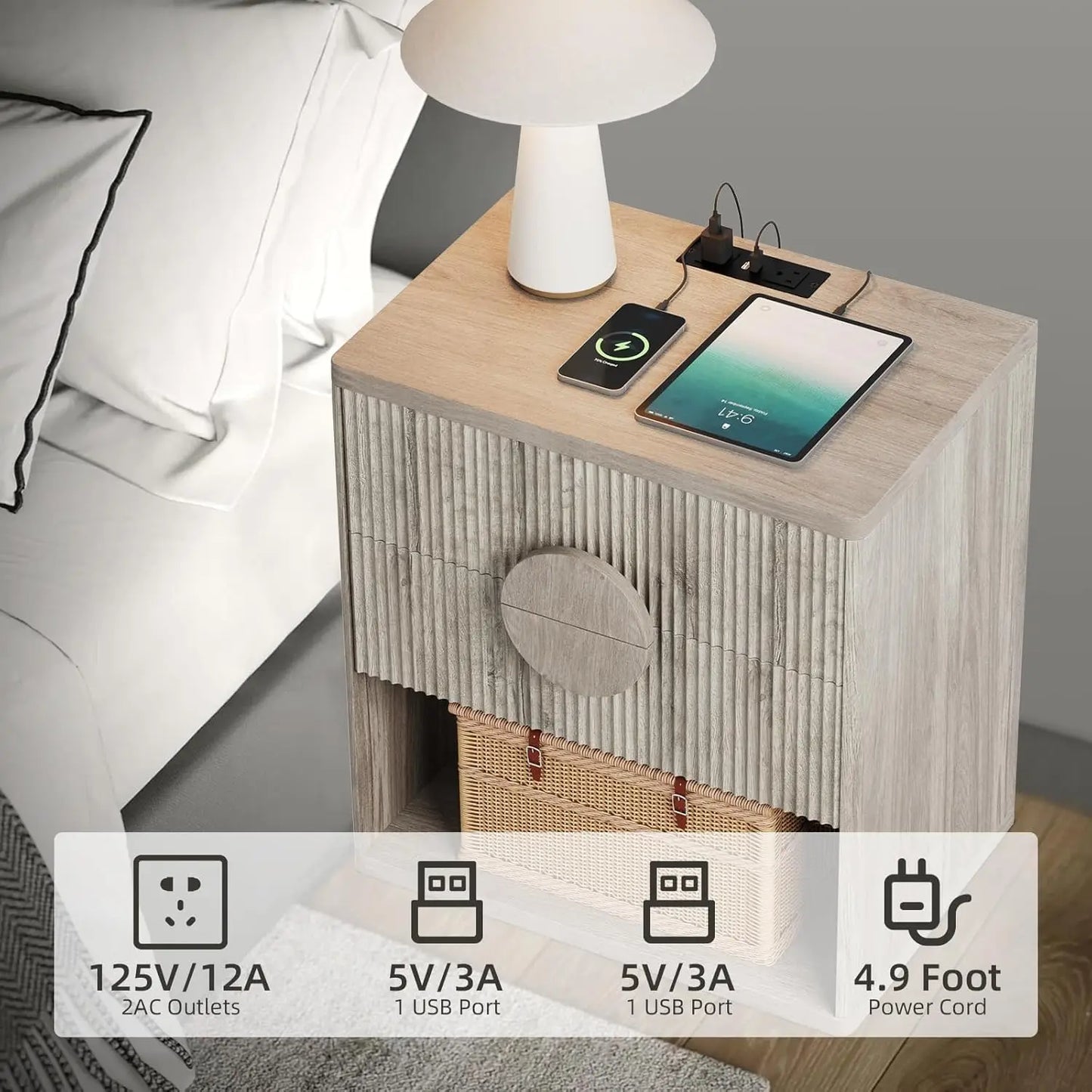 1PC Large Fluted Nightstand with Drawers