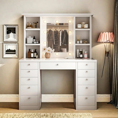 White Vanity Desk with 11 Drawers