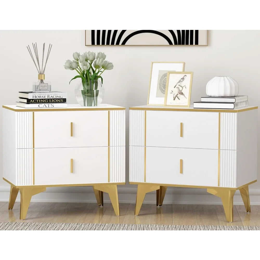 Nightstands Set of 2 With Striped Surface Metal Handle Legs