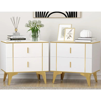Nightstands Set of 2 With Striped Surface Metal Handle Legs