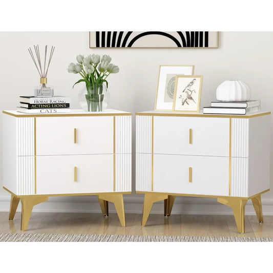 Nightstands Set of 2 With Striped Surface Metal Handle Legs