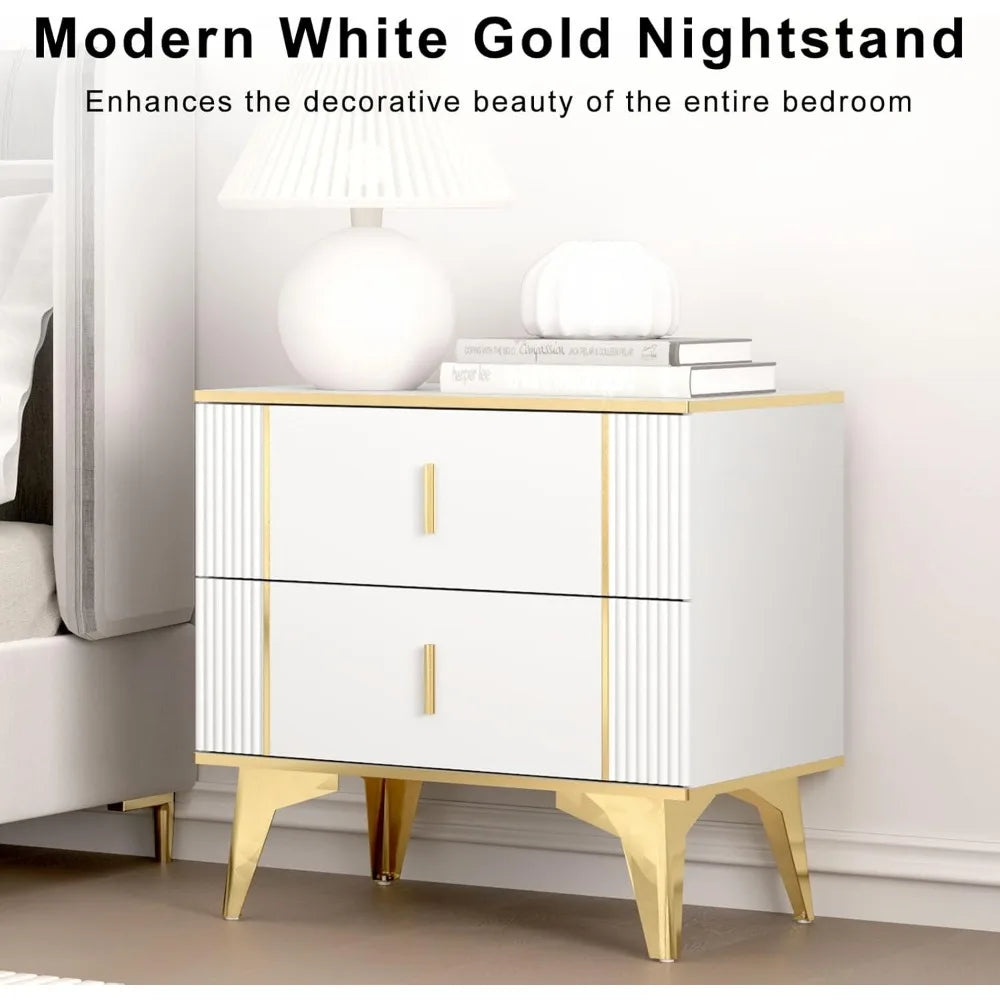 Nightstands Set of 2 With Striped Surface Metal Handle Legs