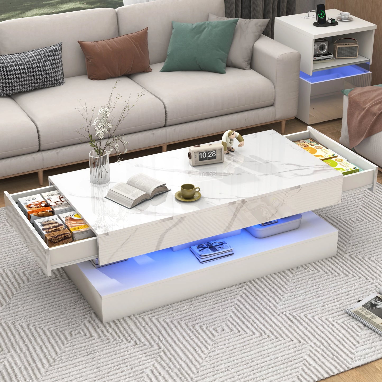 Modern Stylish Coffee Table with LED lights, Double-Layer Design with  Drawers