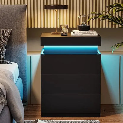 Nightstand w/Charging Station and LED, Stand with Sliding Top, Table with drawers