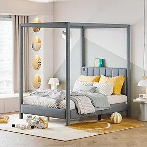 Queen Size, Canopy Platform Bed with Headboard and Metal Frame